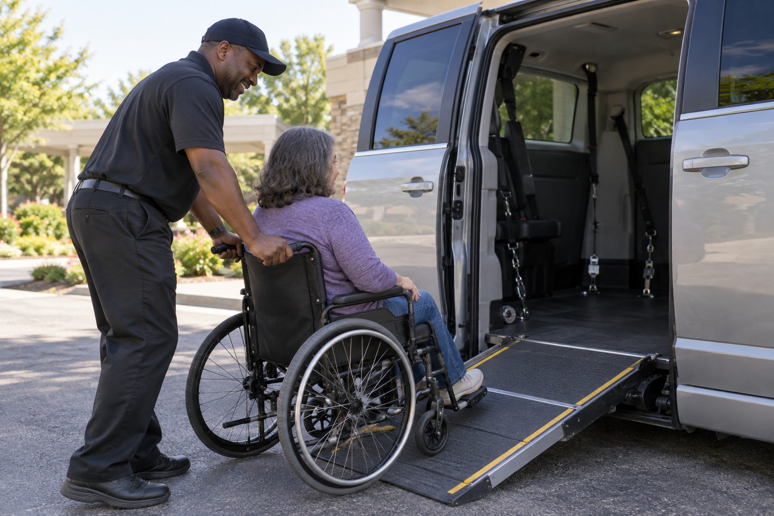 Un conductor ayuda a una pasajera en silla de ruedas a subir por la rampa de un vehículo accesible