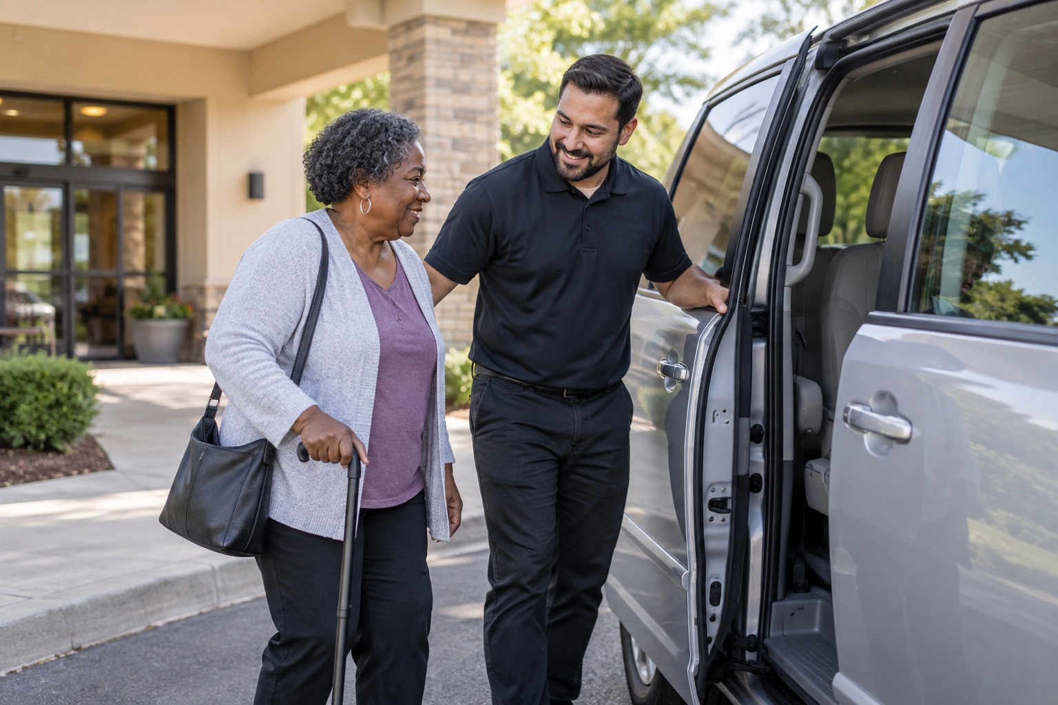A driver picking up an adult outside a care center