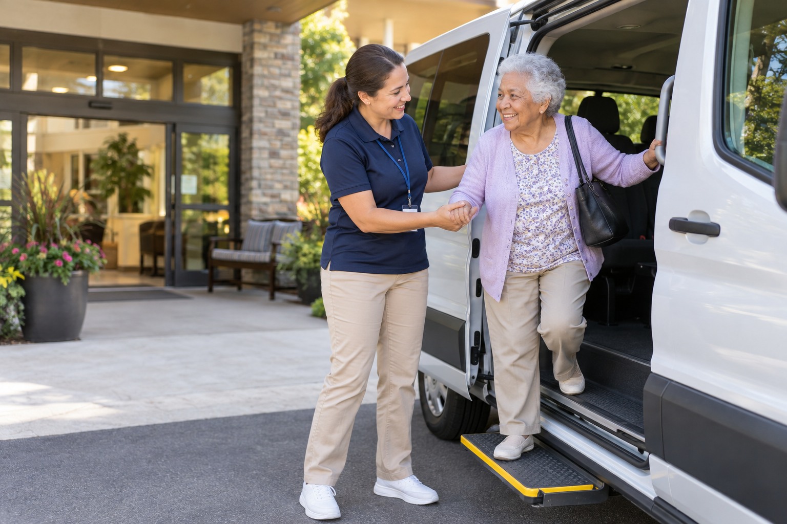 A staff member guiding an adult to a van at an adult day program