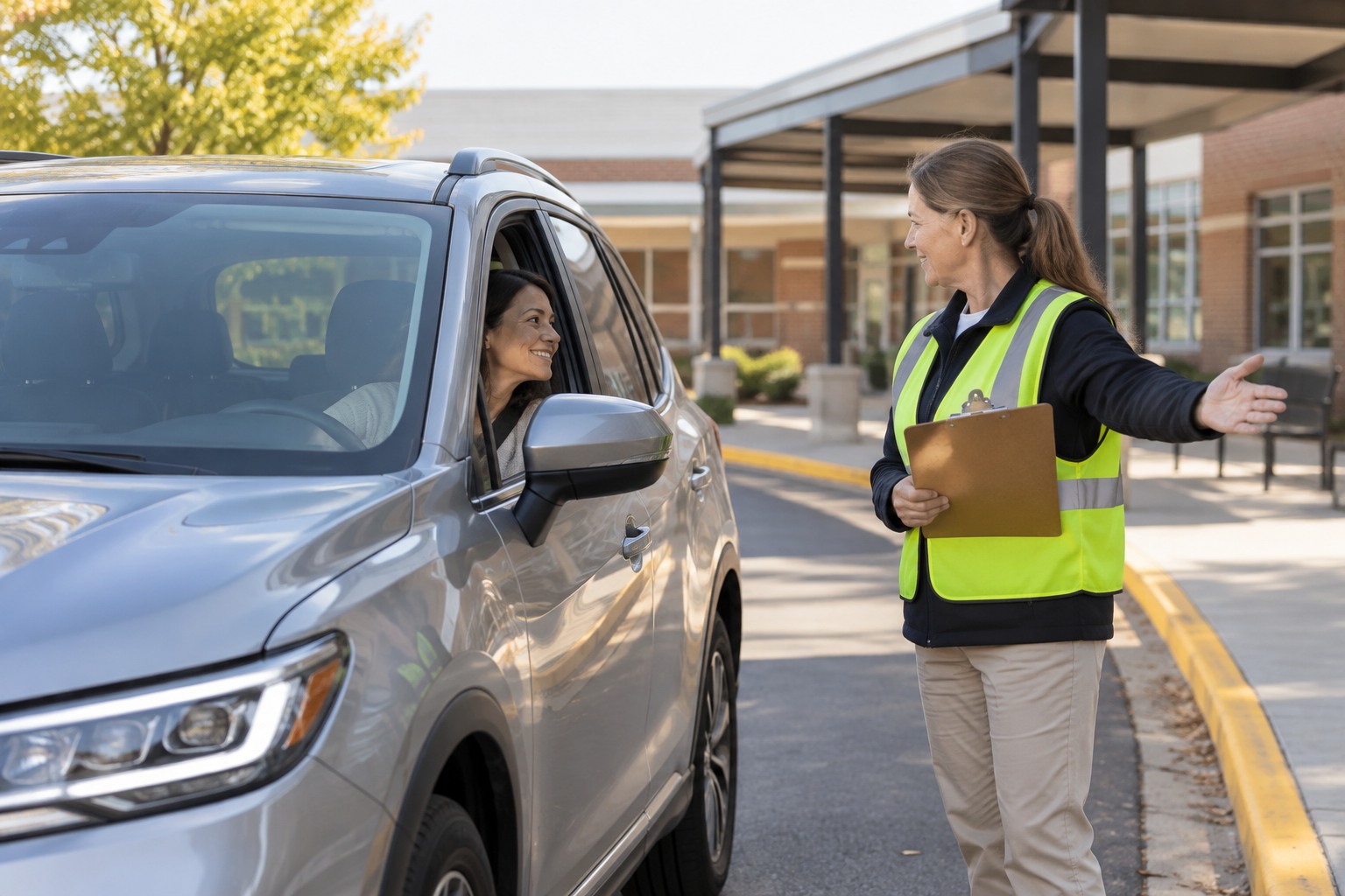 A passenger vehicle at a school pickup area with staff supervising