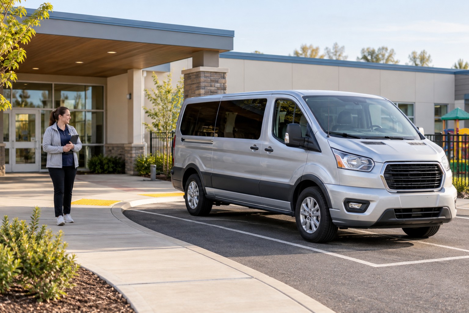 A child-safe van at a daycare pickup area with staff supervising