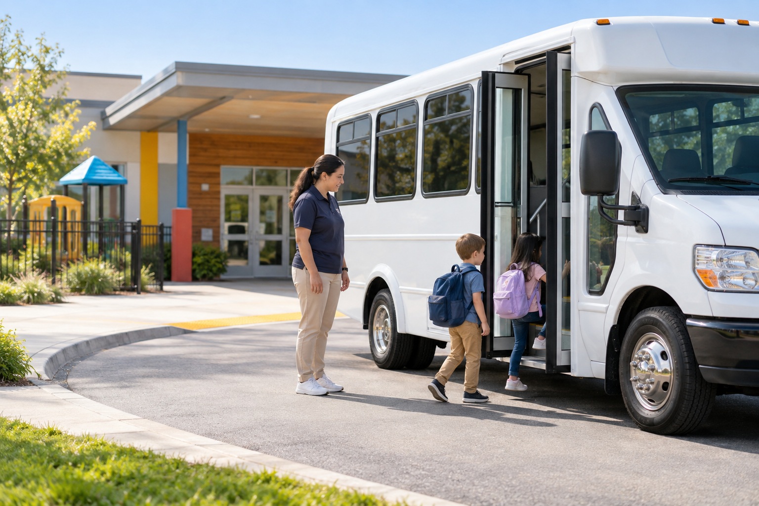 Un shuttle en la entrada de un preescolar con una persona del personal supervisando