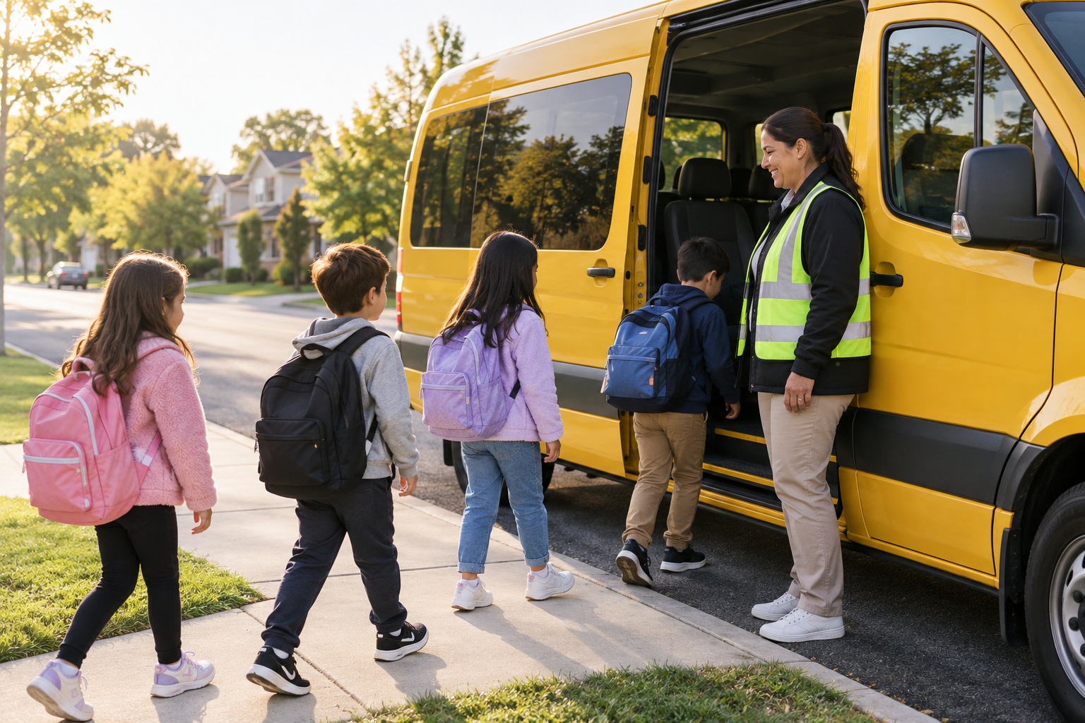 Una recogida matutina supervisada junto a un vehículo de transporte escolar