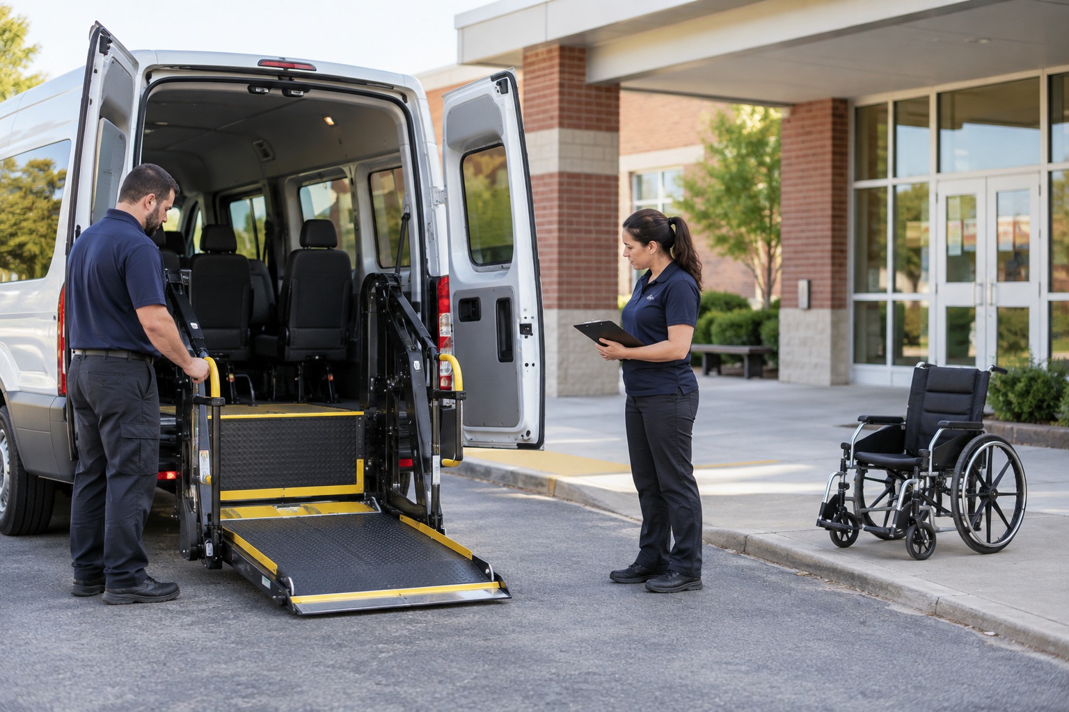 Staff doing a safety check beside an accessible school transport van