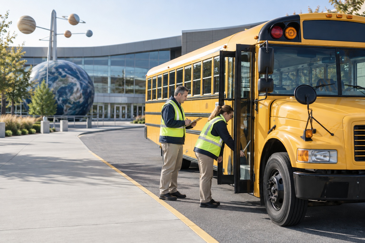 Adults doing a safety check beside a school bus at a learning venue