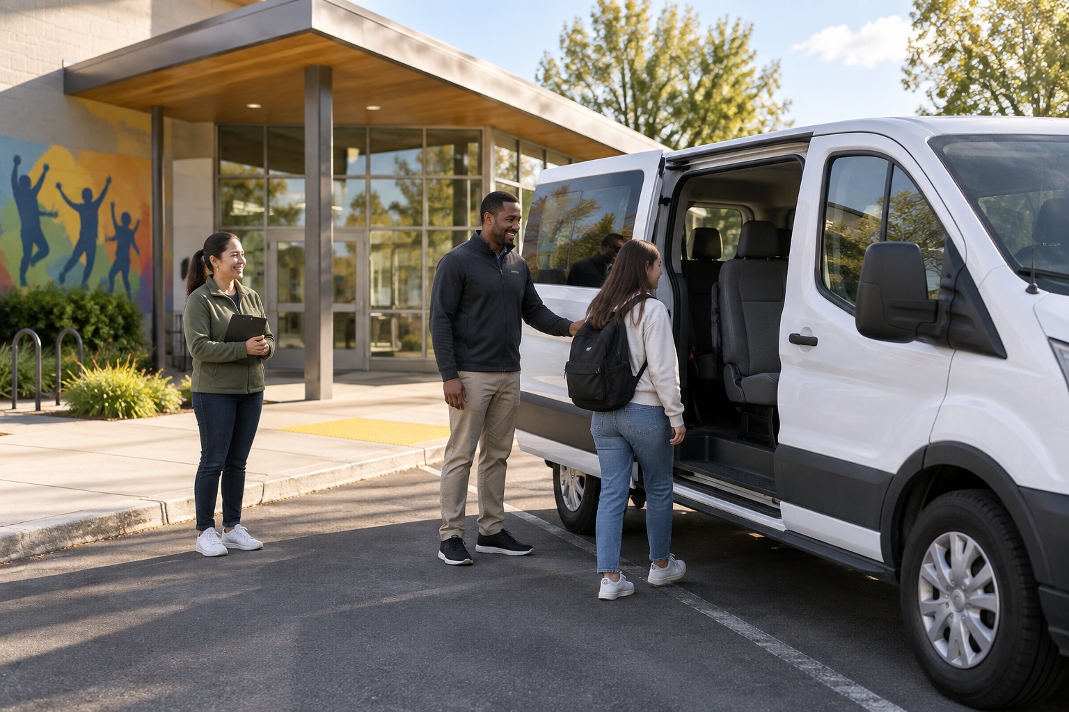 Program staff supervising a van departure at a youth center