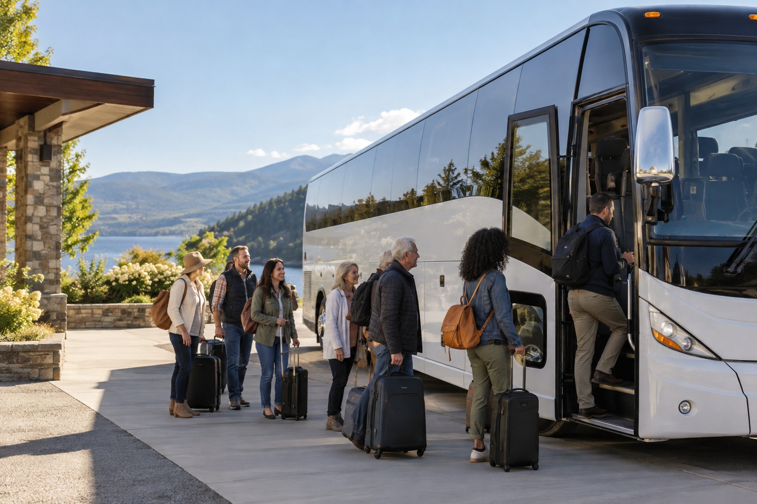 Adults preparing to board a charter coach