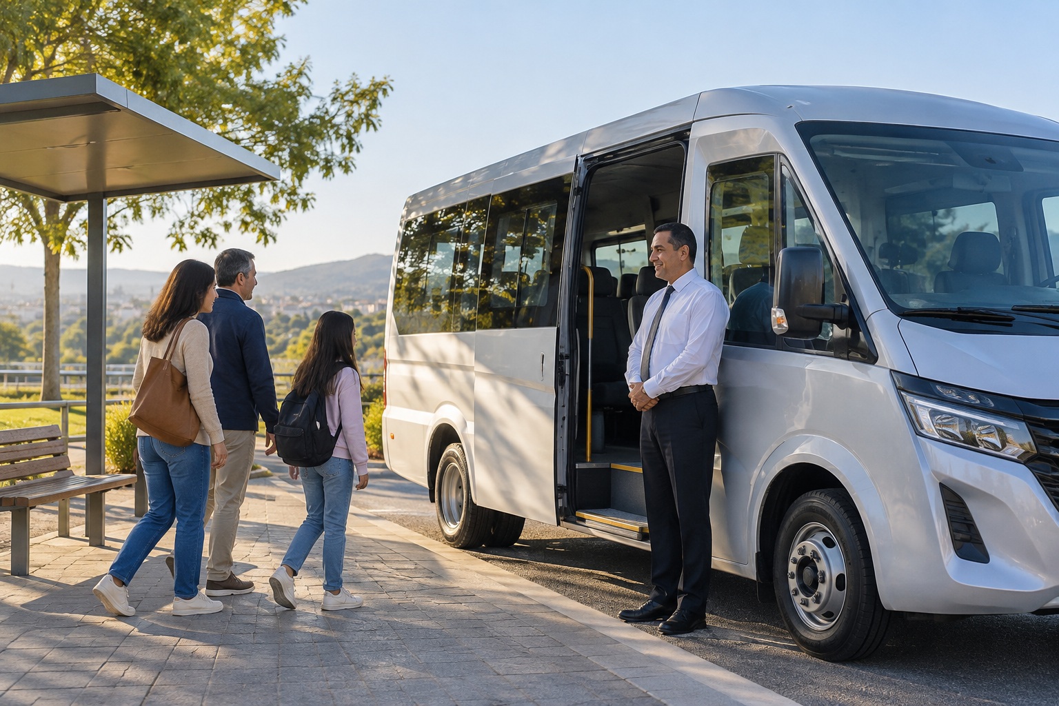 A minibus and its driver at a community pickup point
