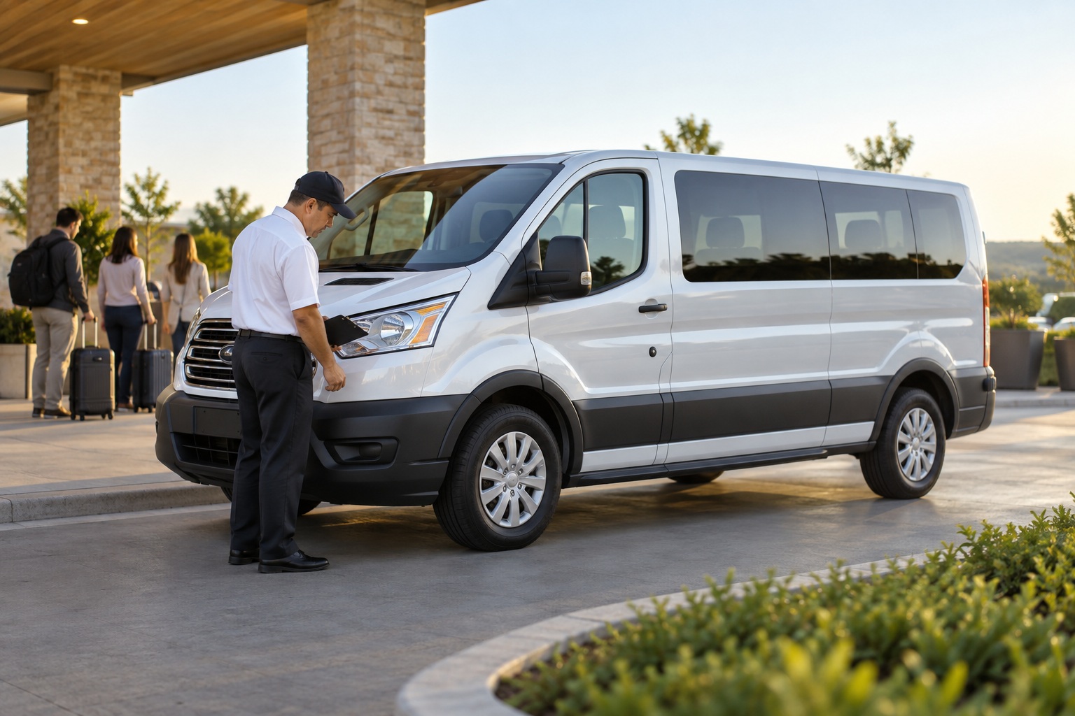 A driver checking a passenger van before a trip