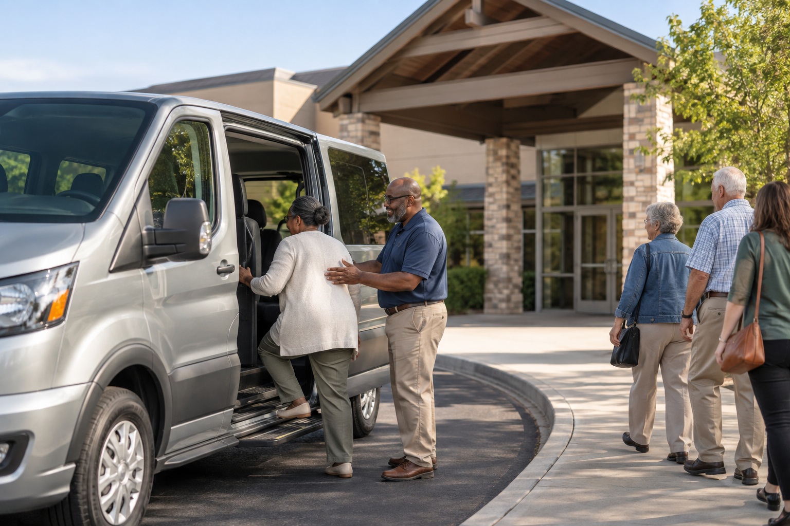 Volunteers coordinating a van pickup outside a community center