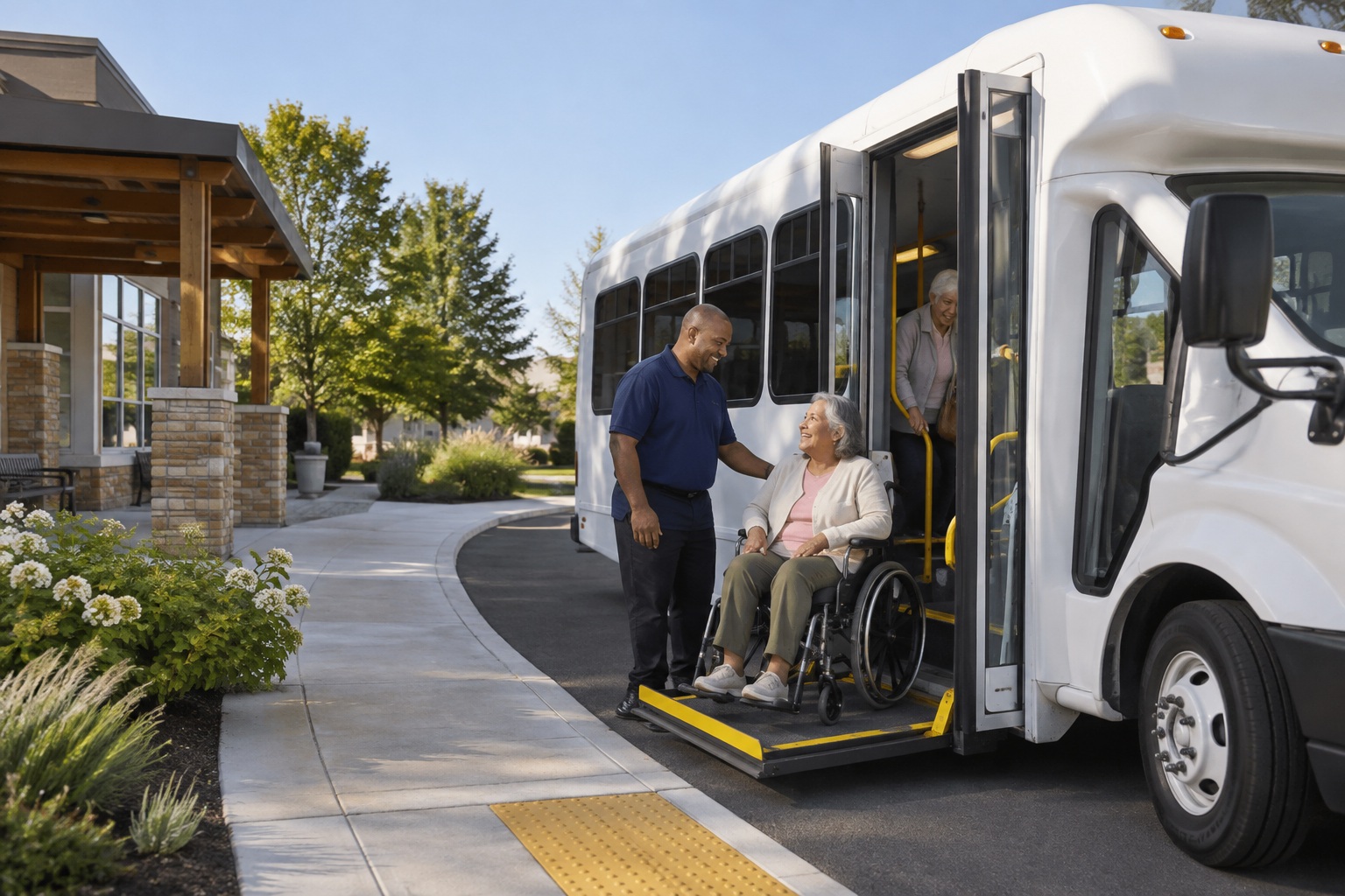A driver assisting riders at a community shuttle stop