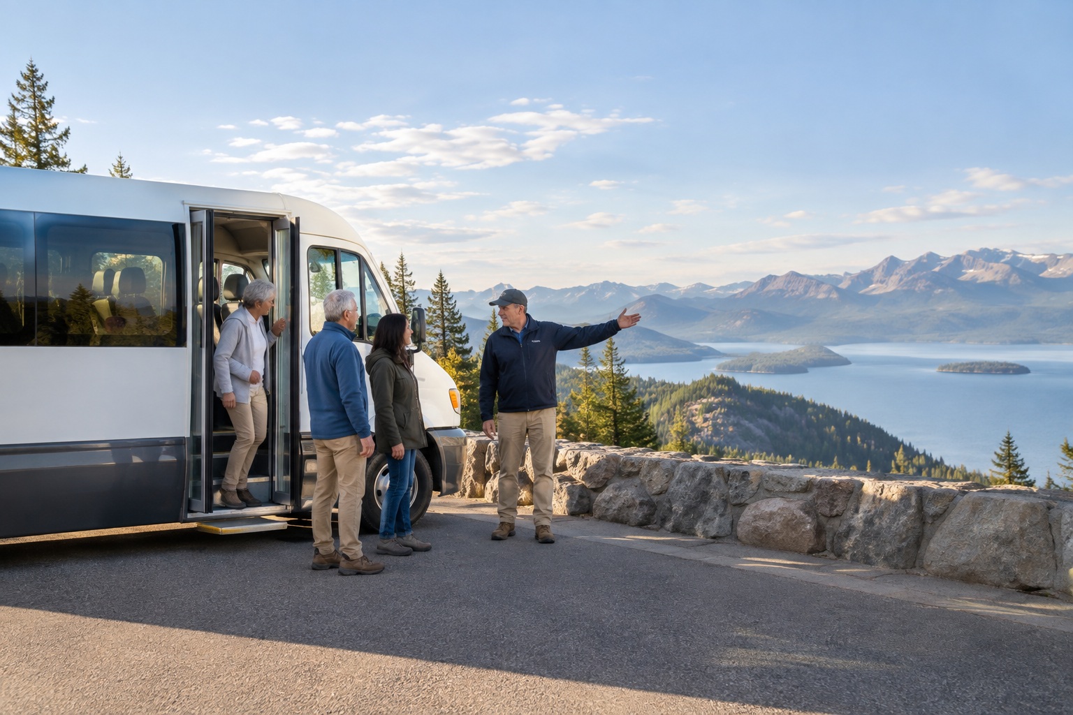 A tour shuttle with a guide and passengers at a scenic viewpoint