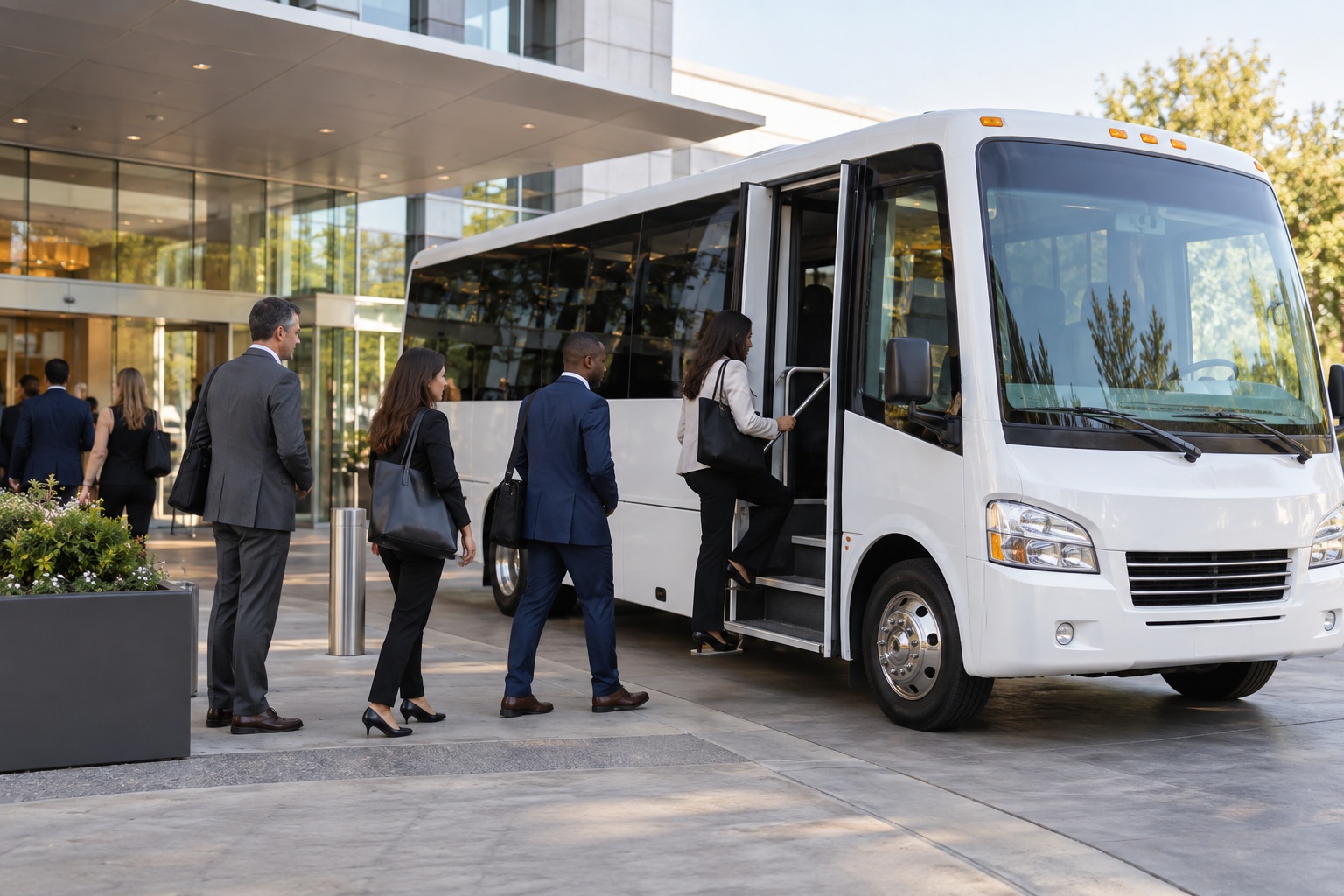 Attendees boarding a shuttle at a conference venue