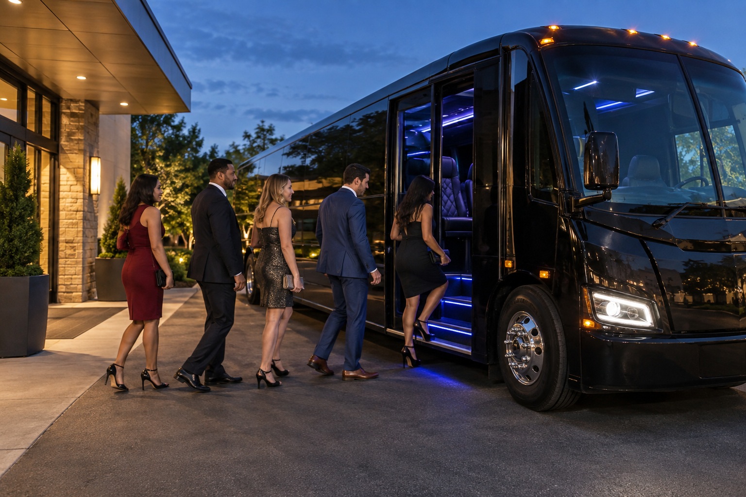 Adults boarding a party bus at a venue entrance