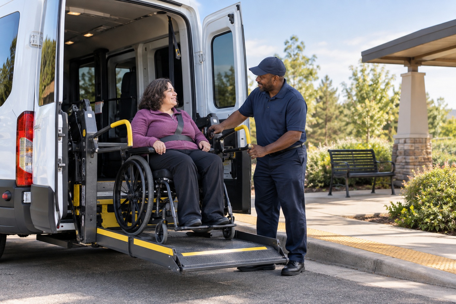A driver assisting a rider on a paratransit van lift