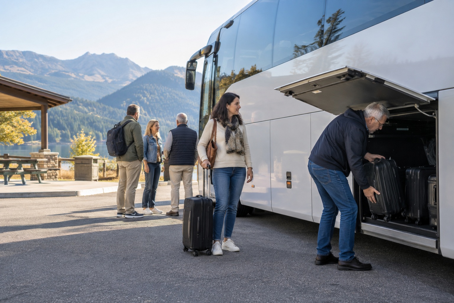 Passengers preparing to board a coach at a rest stop