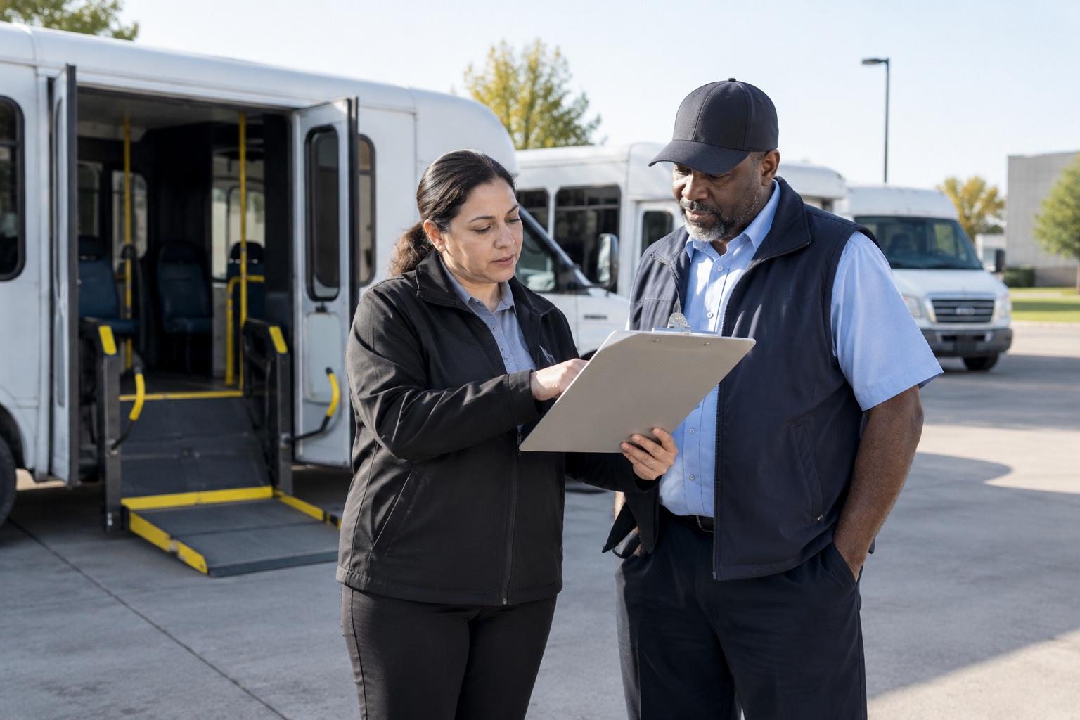 A coordinator reviewing a schedule with a driver beside parked vehicles