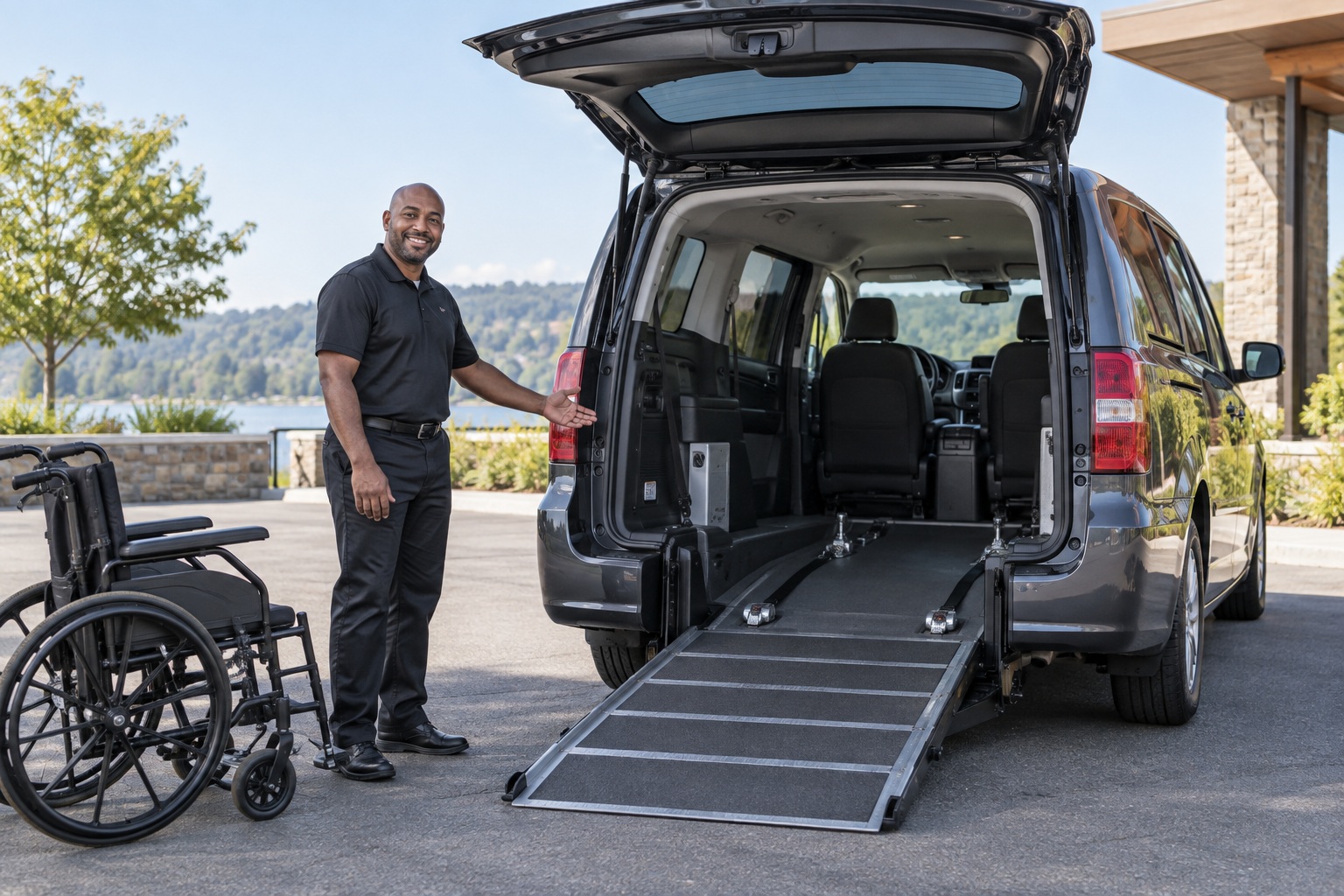 A driver showing the ramp of an accessible van
