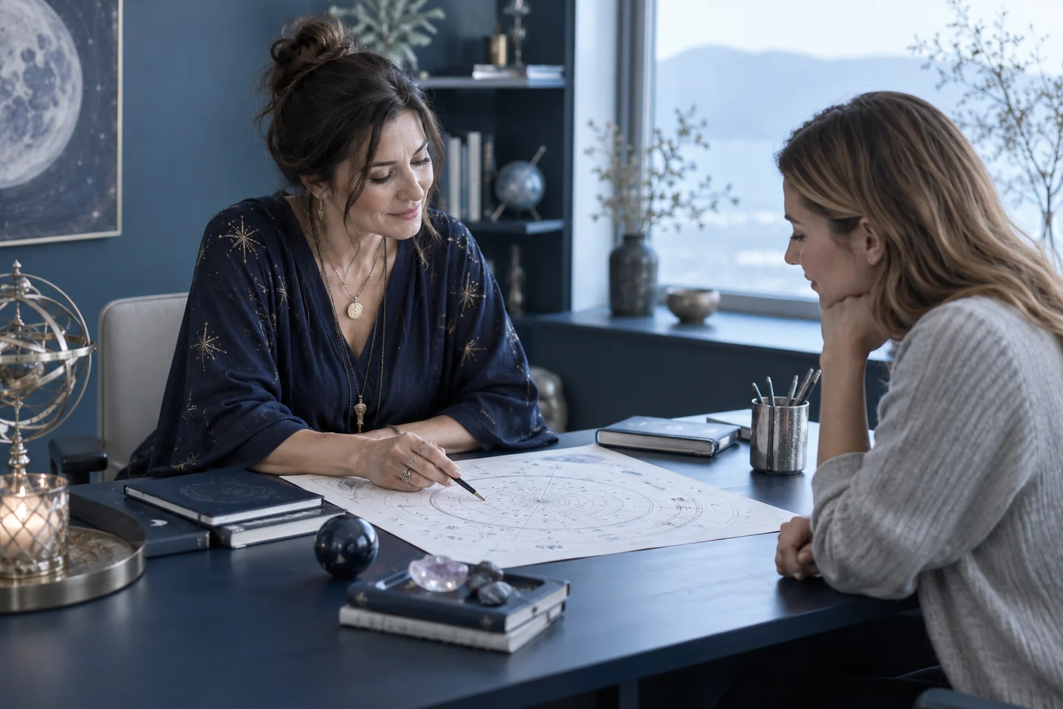 An astrologer discusses a chart with a client at a consultation table.
