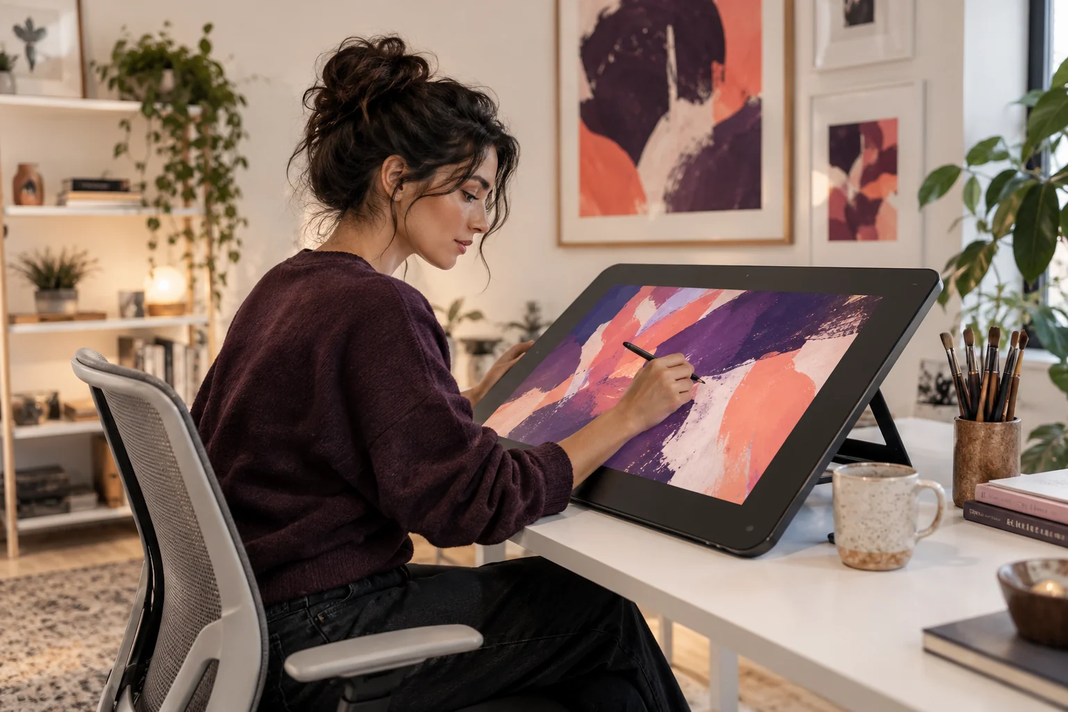 A woman draws abstract artwork on a pen display in a bright studio.