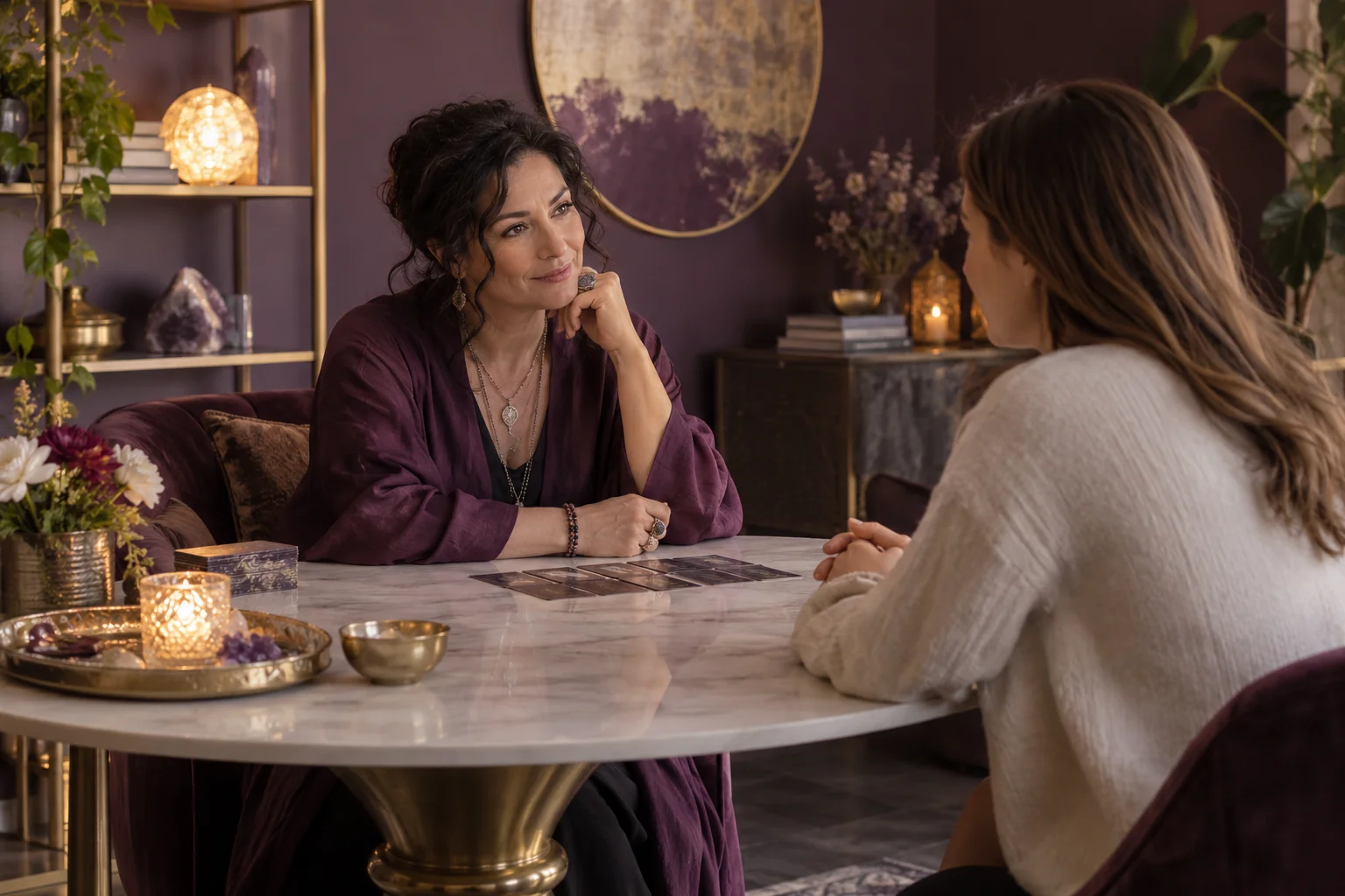 A reader speaks with a client across a table with cards in a quiet consultation room.