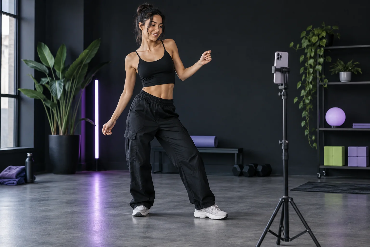 A woman records a movement clip beside a smartphone tripod in a bright studio.