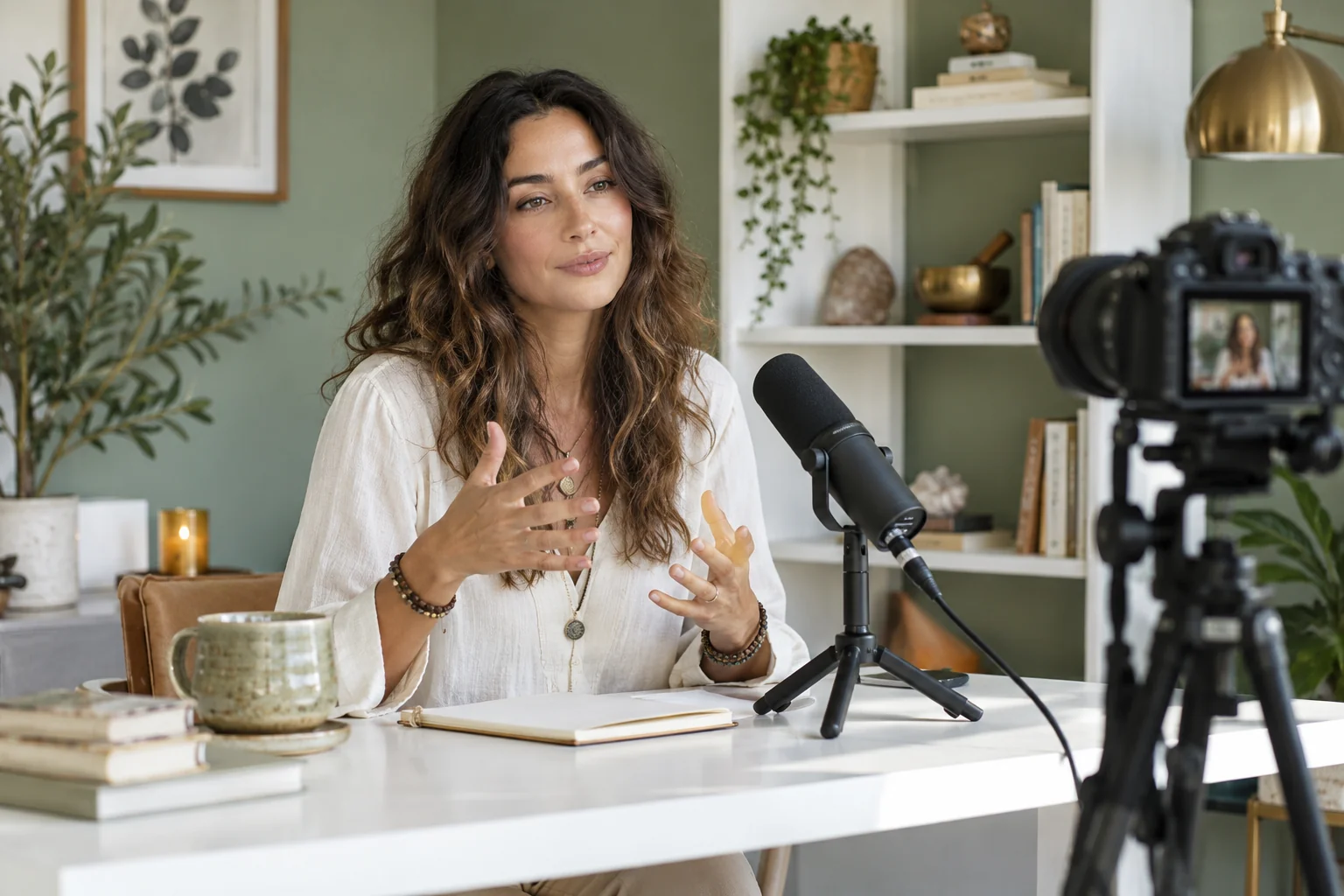 A woman records a video beside a camera and microphone in a studio.
