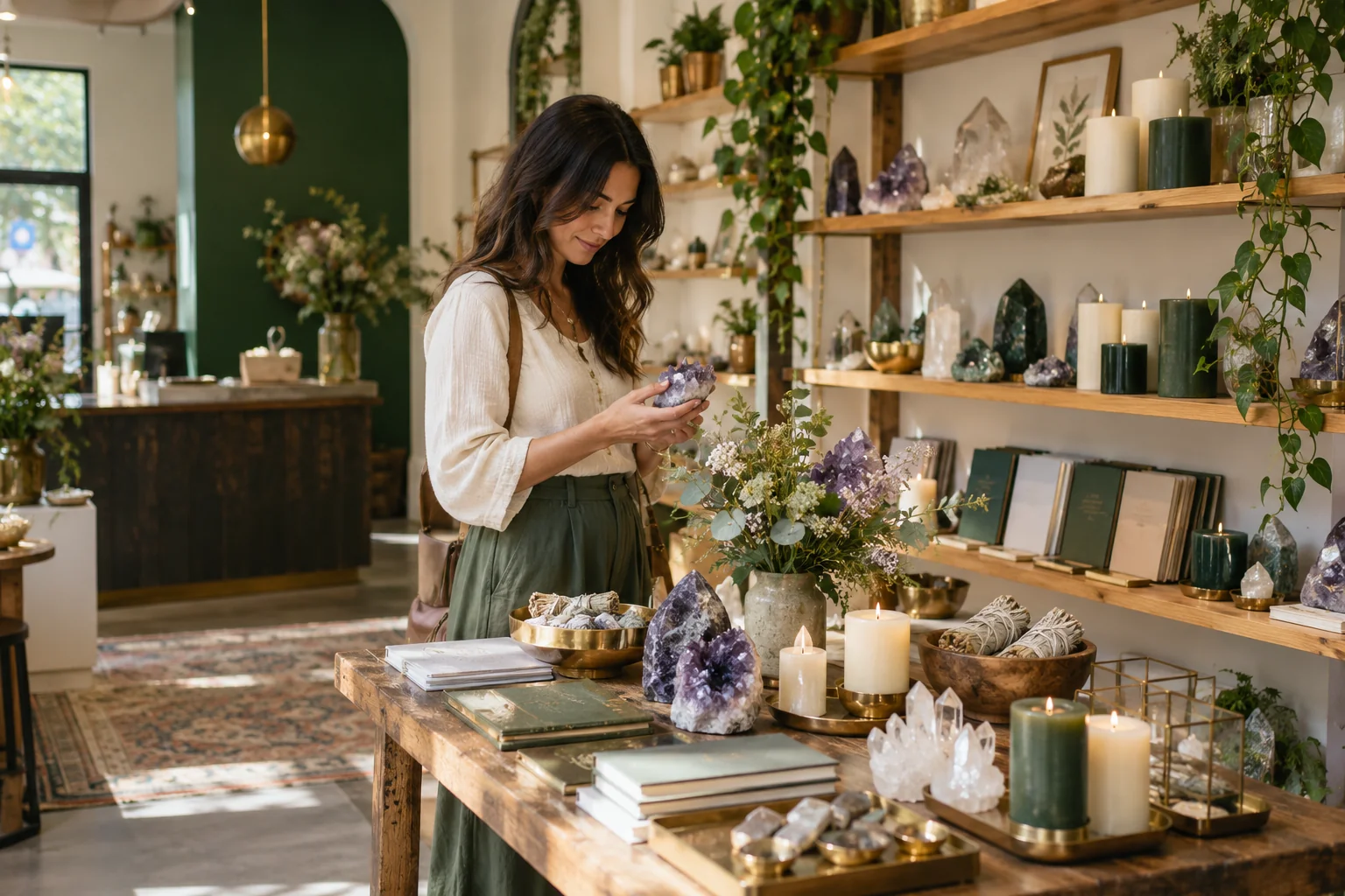 A shop owner handles a crystal among candles and journals in a calm retail space.