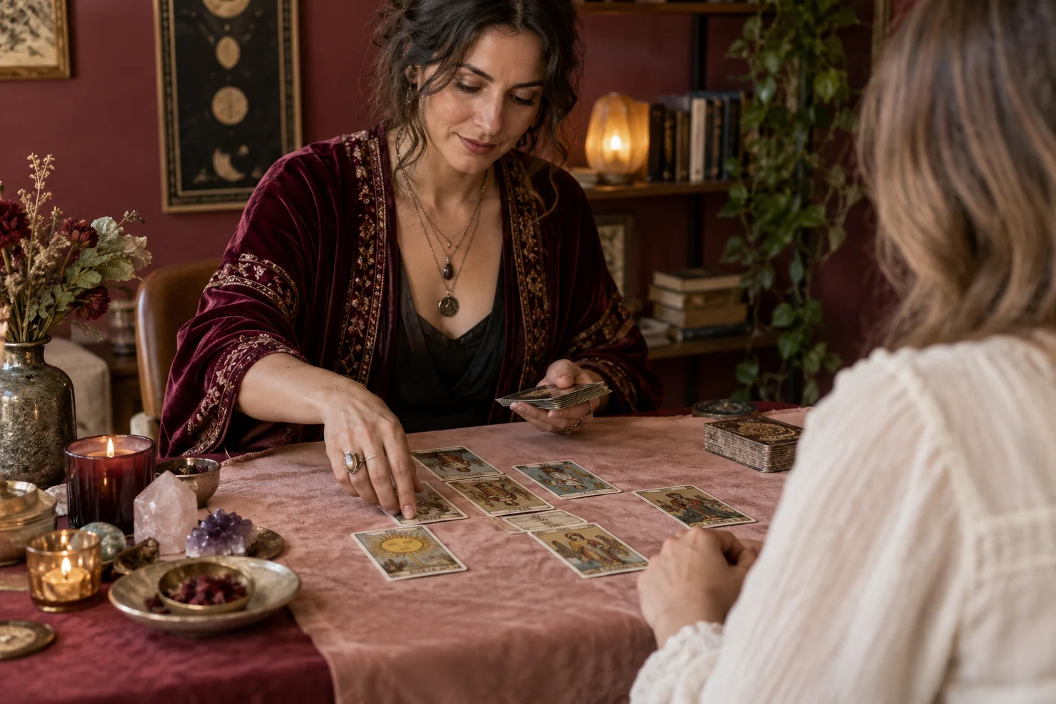 A tarot reader arranges cards on a table while speaking with a client.