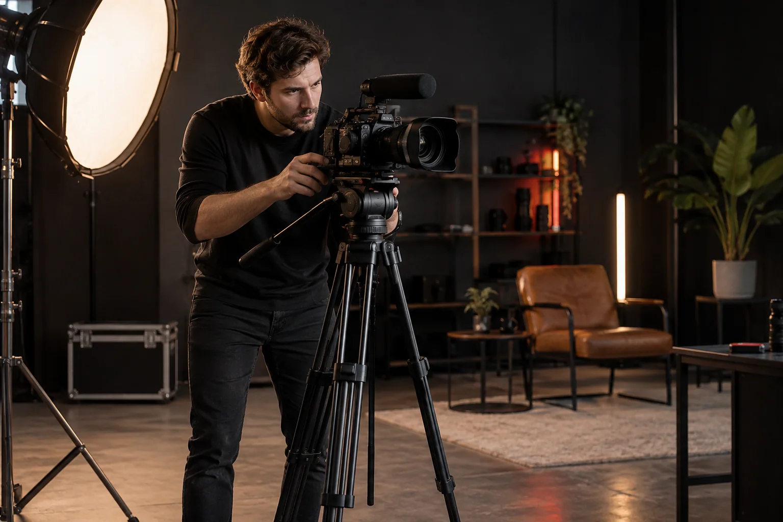 A man operates a cinema camera in a softly lit production studio.