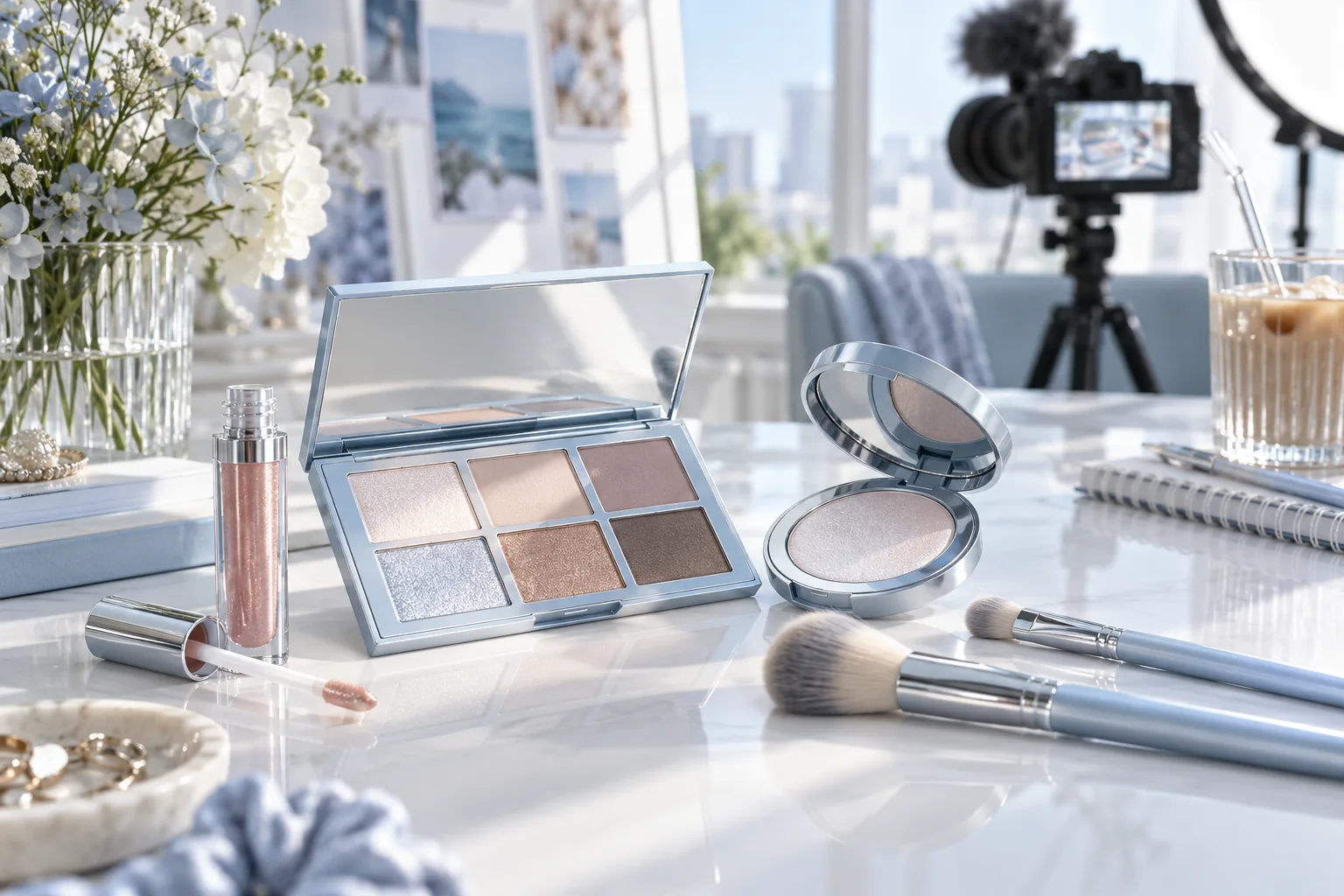 Concepto ilustrativo de paleta SOL GLOW en un entorno azul empolvado