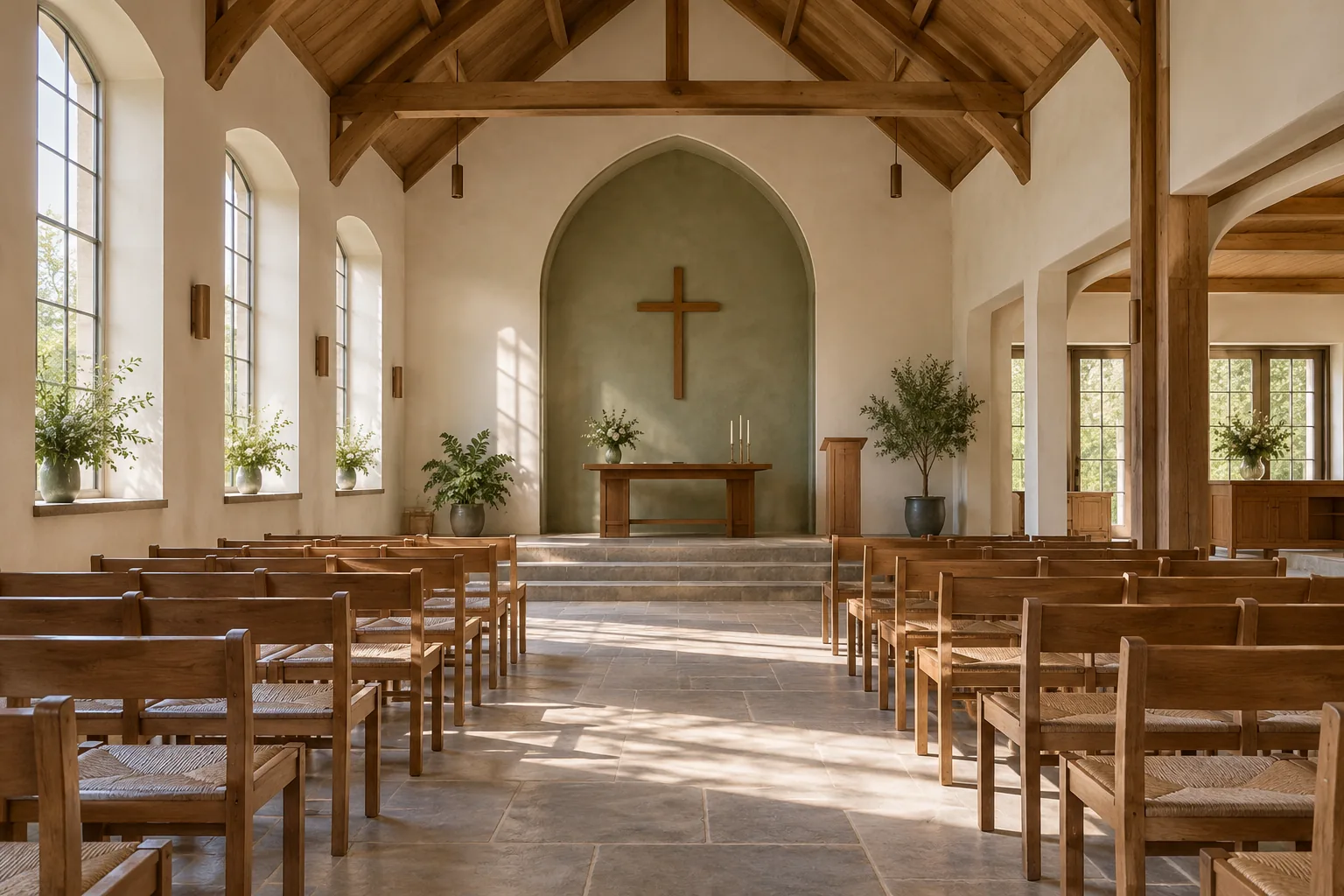 A quiet chapel hall with warm wood pews and soft daylight, with space for a community gathering
