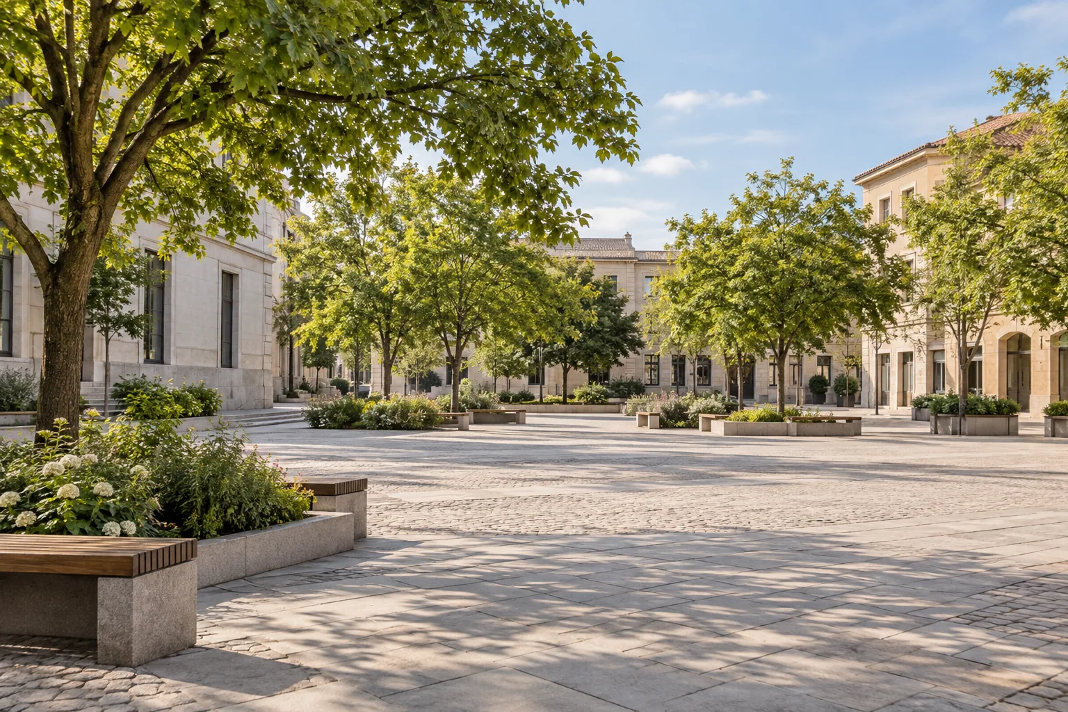 Una plaza cívica abierta con árboles, senderos amplios y asientos públicos bajo luz suave