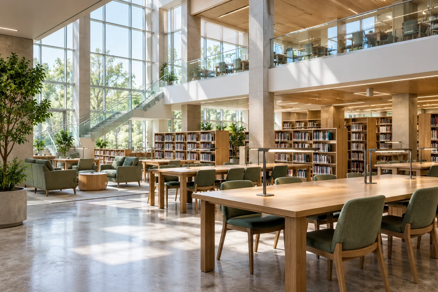 Un amplio atrio de biblioteca con mesas de estudio, ventanas altas y una galería tranquila en el nivel superior, sin personas