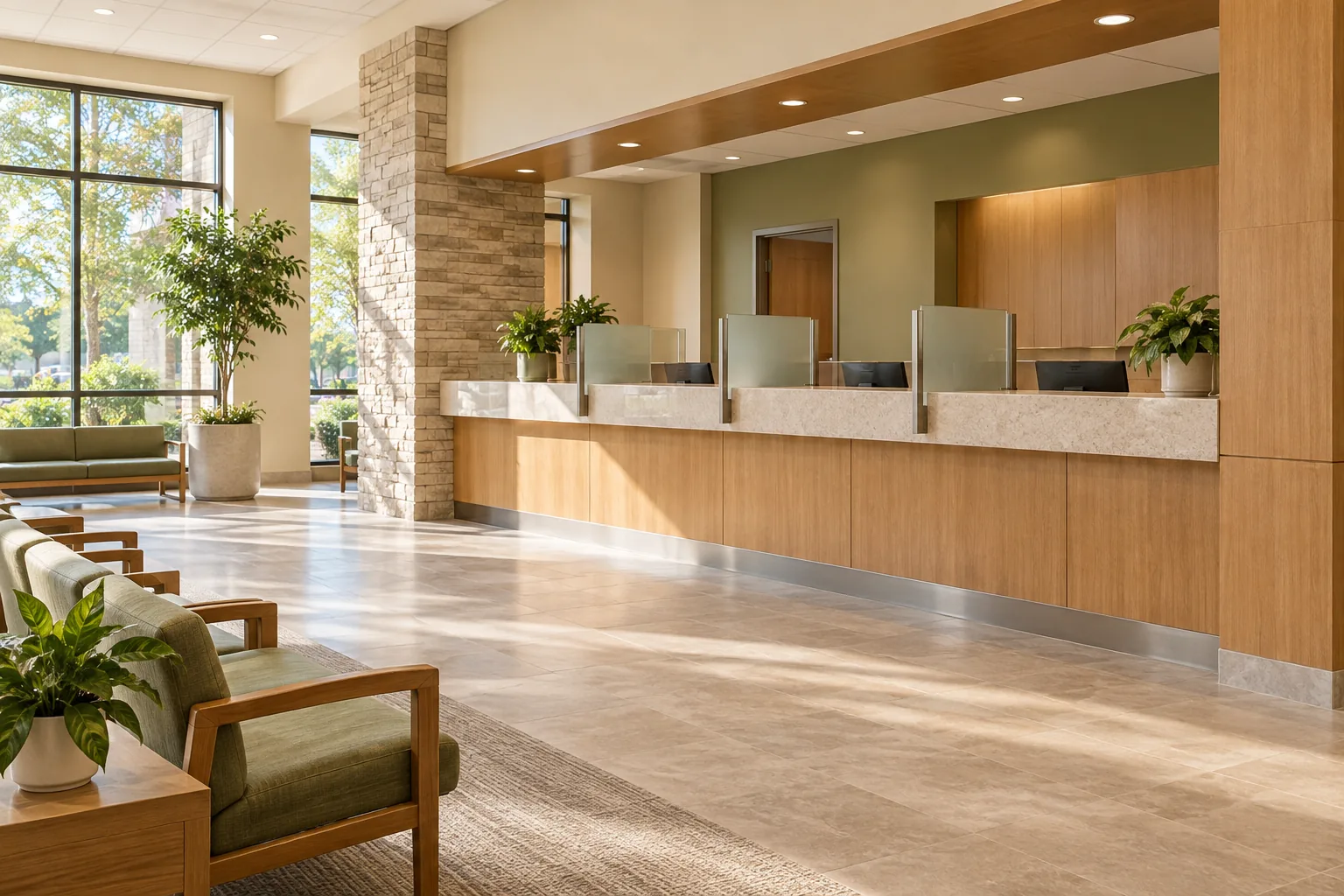 An empty county service counter with a neutral interior, open queue space, and no people or identifying signs