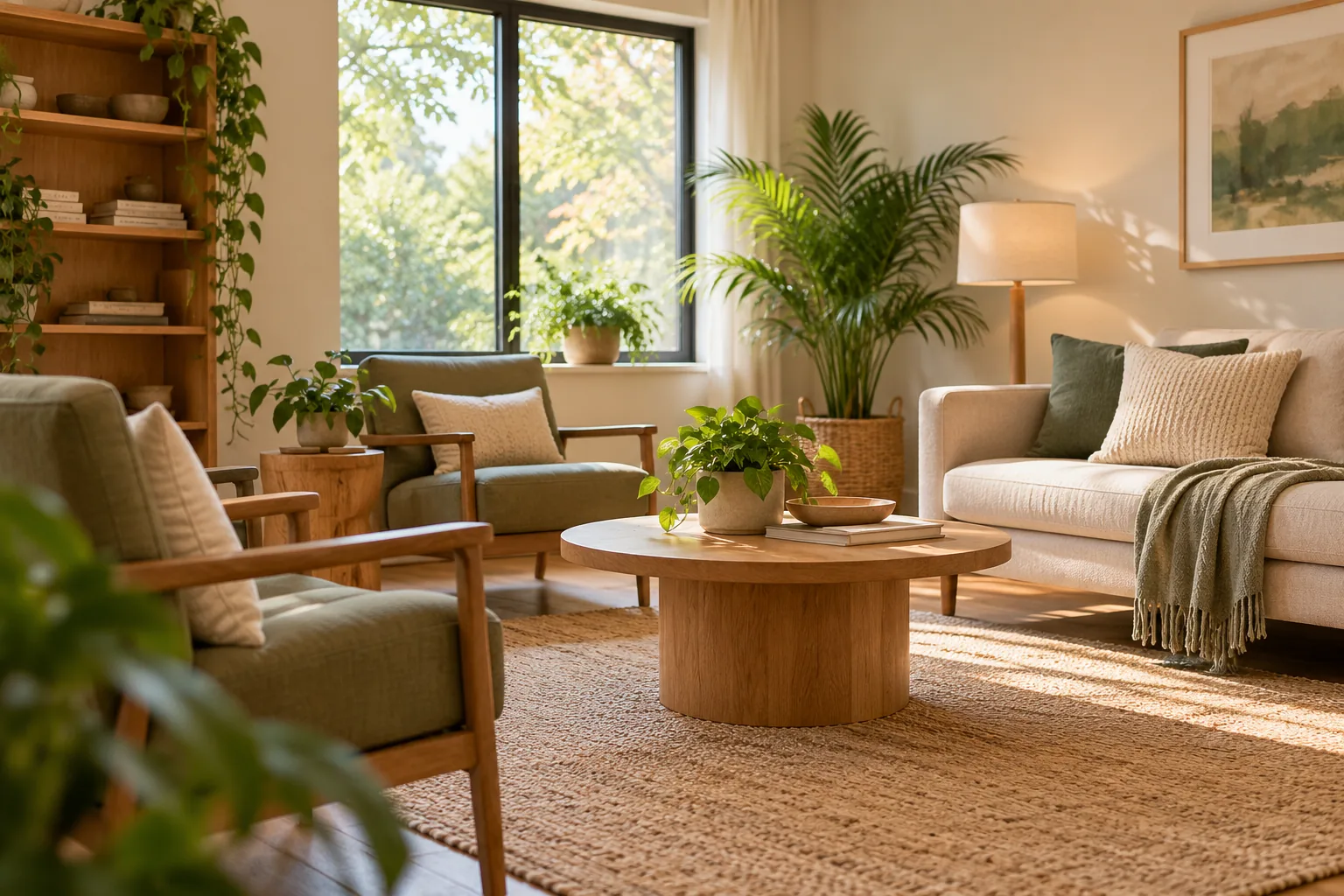 A private common room with soft furnishings and potted plants, photographed without people or location clues